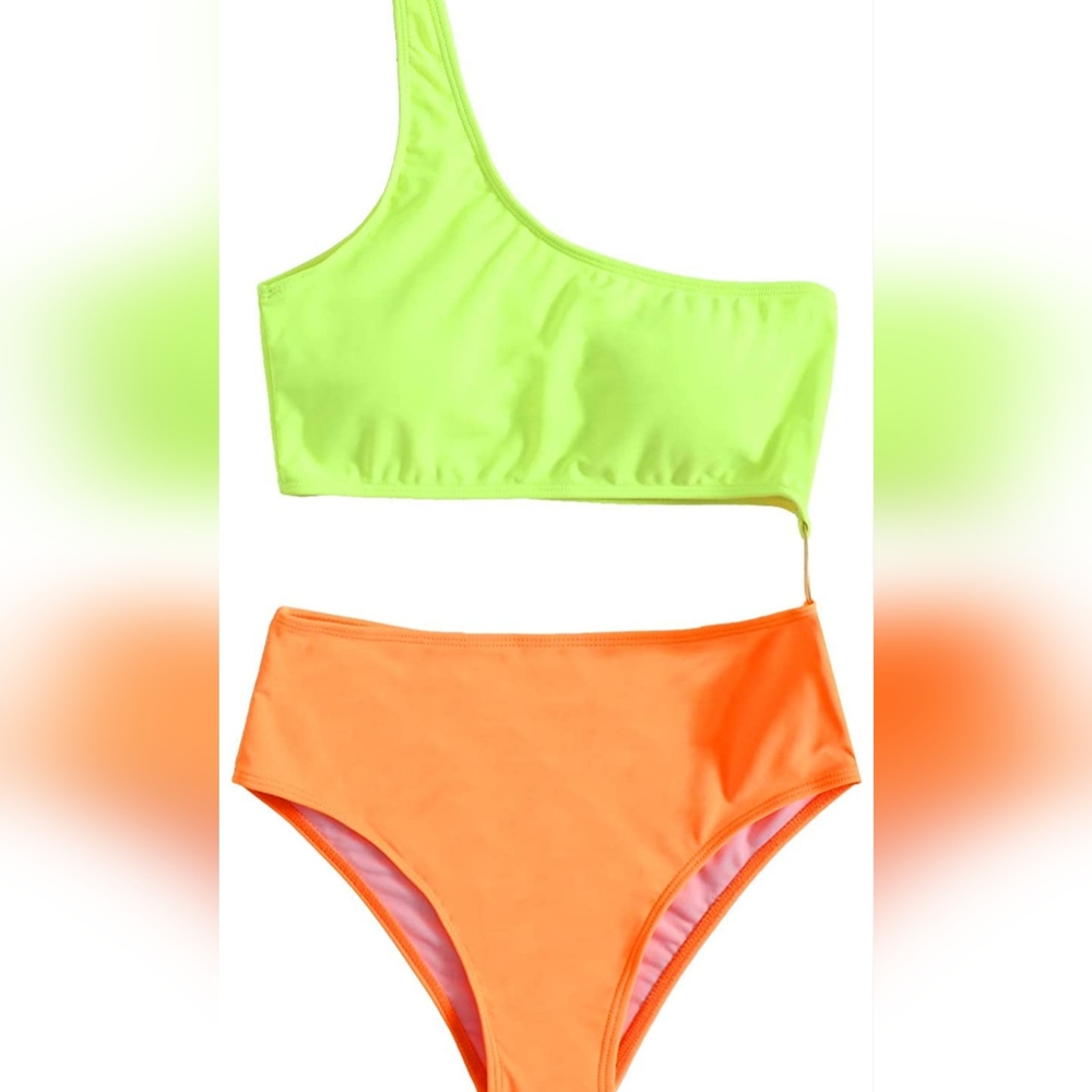 SweatyRocks Women's One Shoulder Cutout One Piece Swimsuit XL Green Orange
